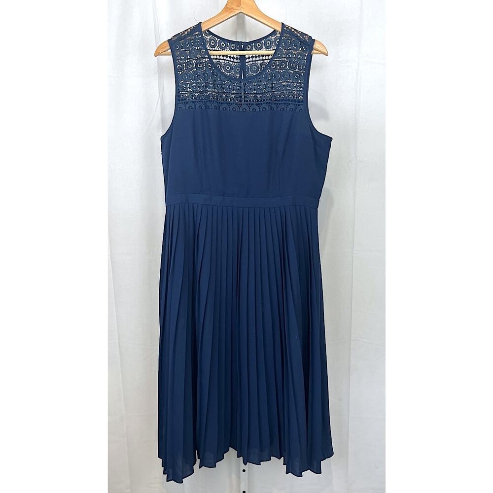 FERVOUR Modcloth Pleated Midi Dress Sheer Lace Trim Sleeveless Navy Blue Size XL - Picture 2 of 8